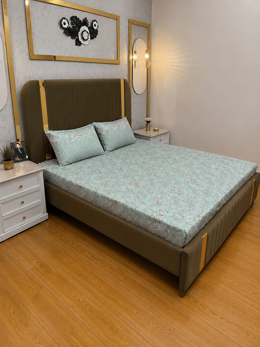Mint Blossom 100% Cotton 3 Piece Bedsheet Set - alminaam