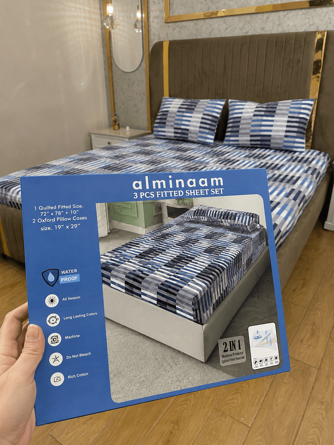Blue Stripe Waterproof Cotton Fitted Bedsheet Set - alminaam