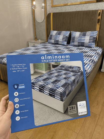 Blue Stripe Waterproof Cotton Fitted Bedsheet Set - alminaam