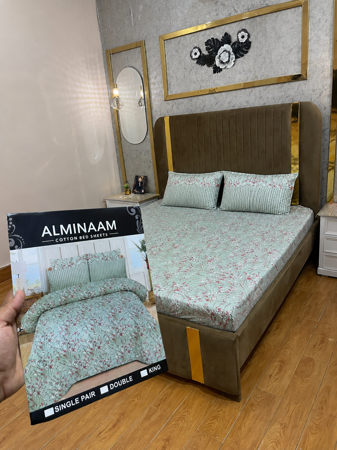 Mint Blossom 100% Cotton 3 Piece Bedsheet Set