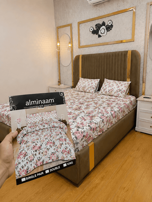 100% Cotton 3 piece Pink Rose Bedsheet Set - alminaam